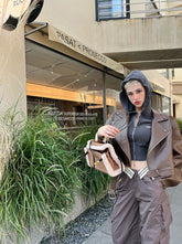 PrettyDragon brown vintage short leather jacket biker long sleeve jacket vintage short tops female